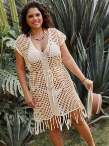 SHEIN LUNE Plus Size 1pc Deep V-Neck Hollow Out Knitted Sweater Dress - Khaki - View 5