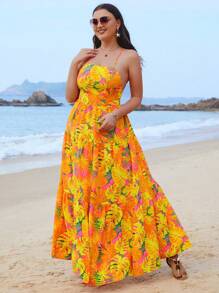 SHEIN VCAY 大尺碼女士夏季海灘度假用熱帶植物印花長背心連衣裙 - 彩色 - 查看 2