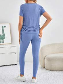 SHEIN Maternity Side Drawstring Short Sleeve T-Shirt And Pants Set - Baby Blue - View 2