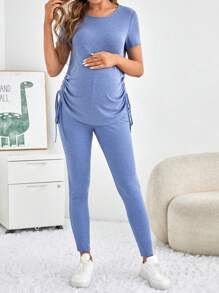 SHEIN Maternity Side Drawstring Short Sleeve T-Shirt And Pants Set - Baby Blue - View 4