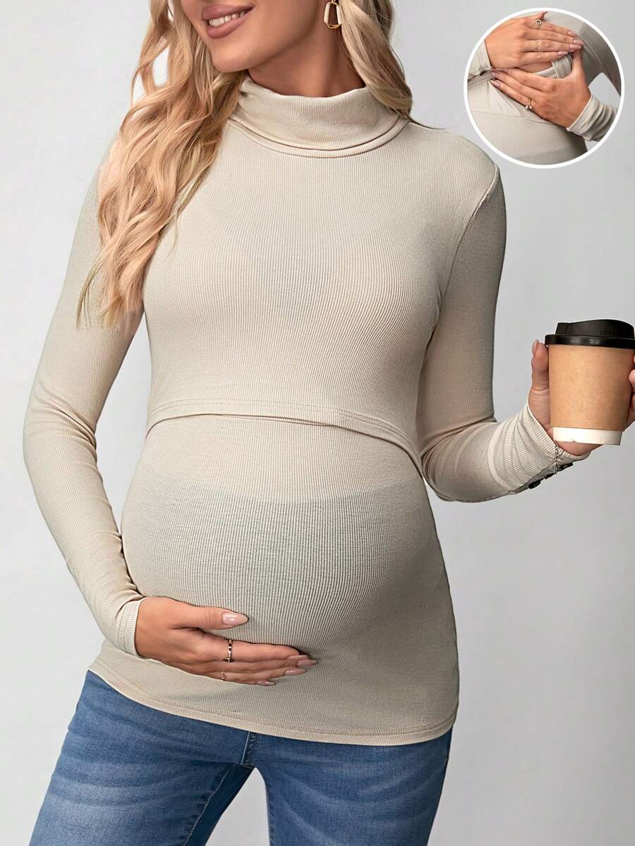 SHEIN 孕婦修身款孕婦哺乳t恤,帶有肋紋質地 - 杏色 - 查看 1