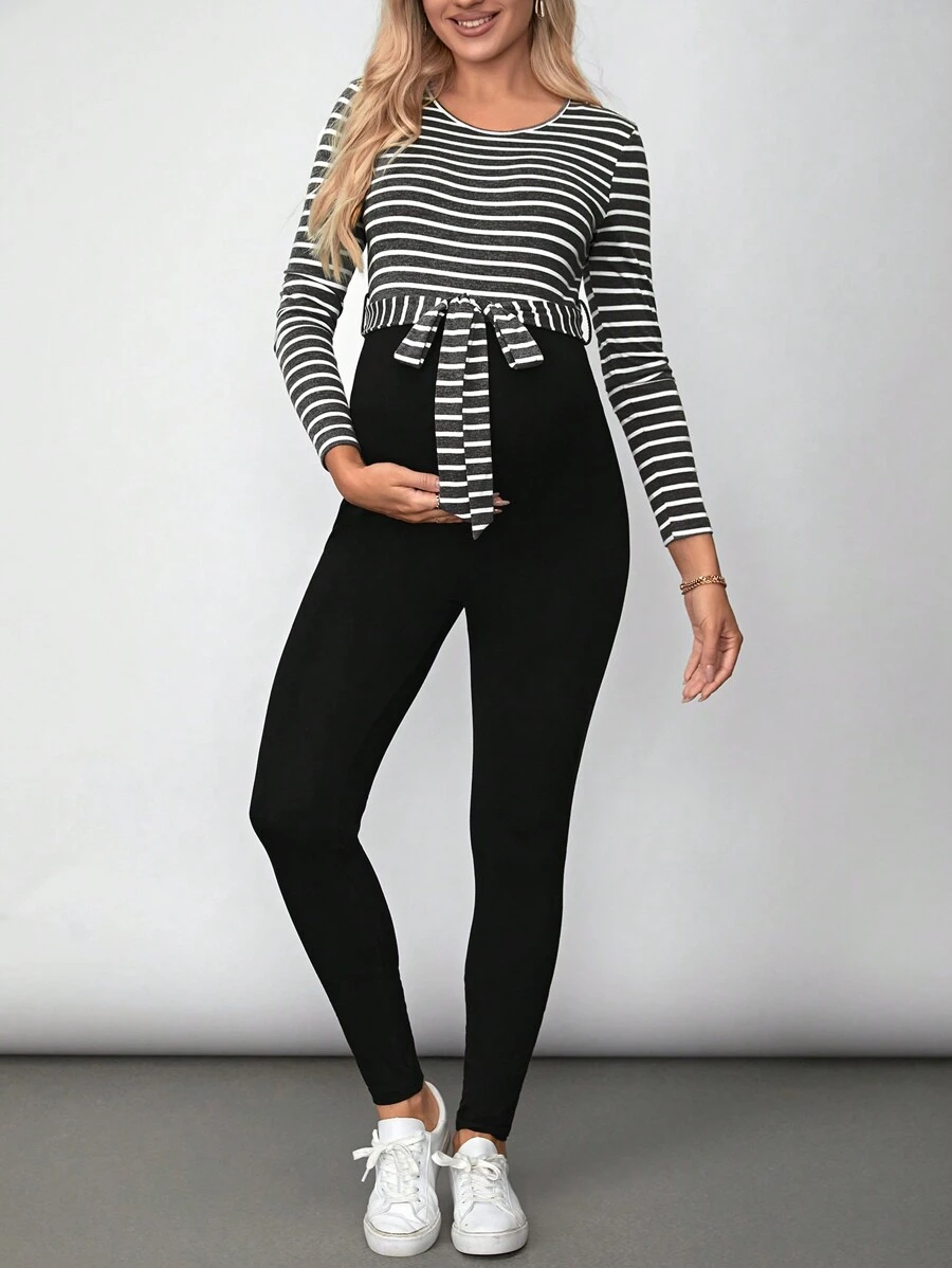 SHEIN Thai sản Sọc Tay áo dài Áo liền quần - Xám - Xem 1