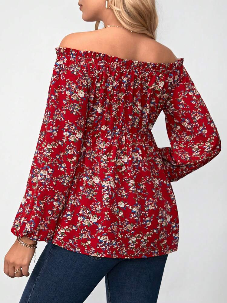 Maternity Off-Shoulder Lantern Sleeve Blouse With Floral Print