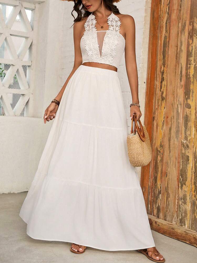 Solid Color Lace Splice Halter Top And Skirt Two Piece Set