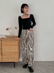 FRIFUL Designer Women's Zebra Print Elastic Waist Long Pants - Multicolor - View 2