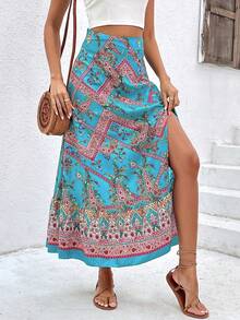 SHEIN VCAY Paisley Printed Slit Skirt - Blue - View 6