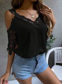 EMERY ROSE Cold Shoulder Guipure Lace Blouse - Black - View 6