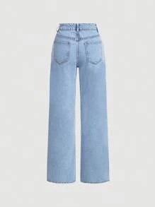 SHEIN MOD 女性鉚釘細節水洗直腳牛仔褲 - 淺色水洗藍 - 查看 2