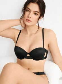 Ocili Leisure Solid Color Hollow Out Spaghetti Strap Bra - Black - View 4