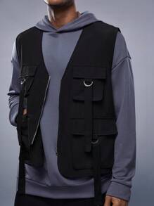 Manfinity VCAY Men Buckled Flap Pocket Zipper Vest Jacket - Black - View 3