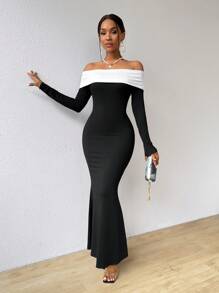 Zolique Vestido largo de mujer con bloques de color y hombros descubiertos - Blanco y Negro - Ver 1