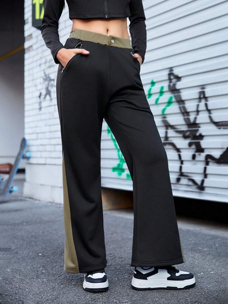 Color-Block Wide Leg Athletic Pants With Slanted Pockets