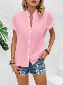 SHEIN LUNE Ladies' Solid Color Notched Collar Shirt,Short Sleeve Tops - Pink - View 3