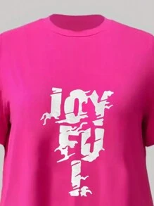 SHEIN LUNE Plus Size Women's Letter Printed Short Sleeve T-Shirt And Cycling Shorts Two-Piece Set - Hot Pink - View 4