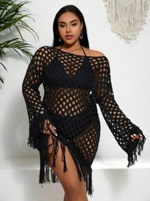 Swim Lushoire Summer Beach 1pc Plus Size Knitted Cover Up Dress With Fringe Decoration And Hollow Out Design - Black - View 5
