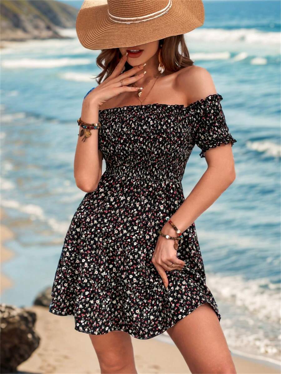 SHEIN VCAY Hoa Lộn xộn In Off Shoulder Thiết kế Ruched Đầm - màu đen - Xem 1