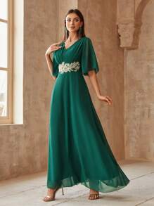 SHEIN Belle Vestido Longo Elegante Decote em V com Bordado e Aplicação na Cintura Marcada para Mulheres - Verde Escuro - Visão 4