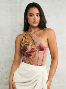 Silquee 春季服装抽象花卉网眼印花单肩镂空褶皱紧身弹力假日女式紧身衣 - 彩色 - 查看 4