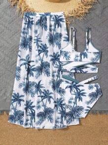 Tween Girl Palm Tree Print Bikini Set With Beach Skirt Summer Beach - Blue and White - View 2
