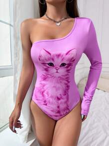 SHEIN Unity One Shoulder Cat Print Bodysuit - Pink - View 3