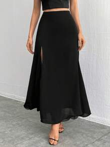 SHEIN Privé Elegante falda de doble capa con abertura alta en unicolor - Negro - Ver 2
