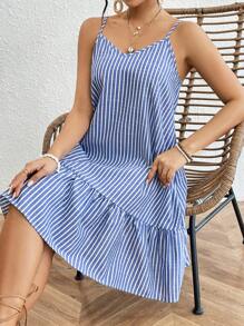Breezaya 女士條紋荷葉邊背心連衣裙 - 藍色 - 查看 5