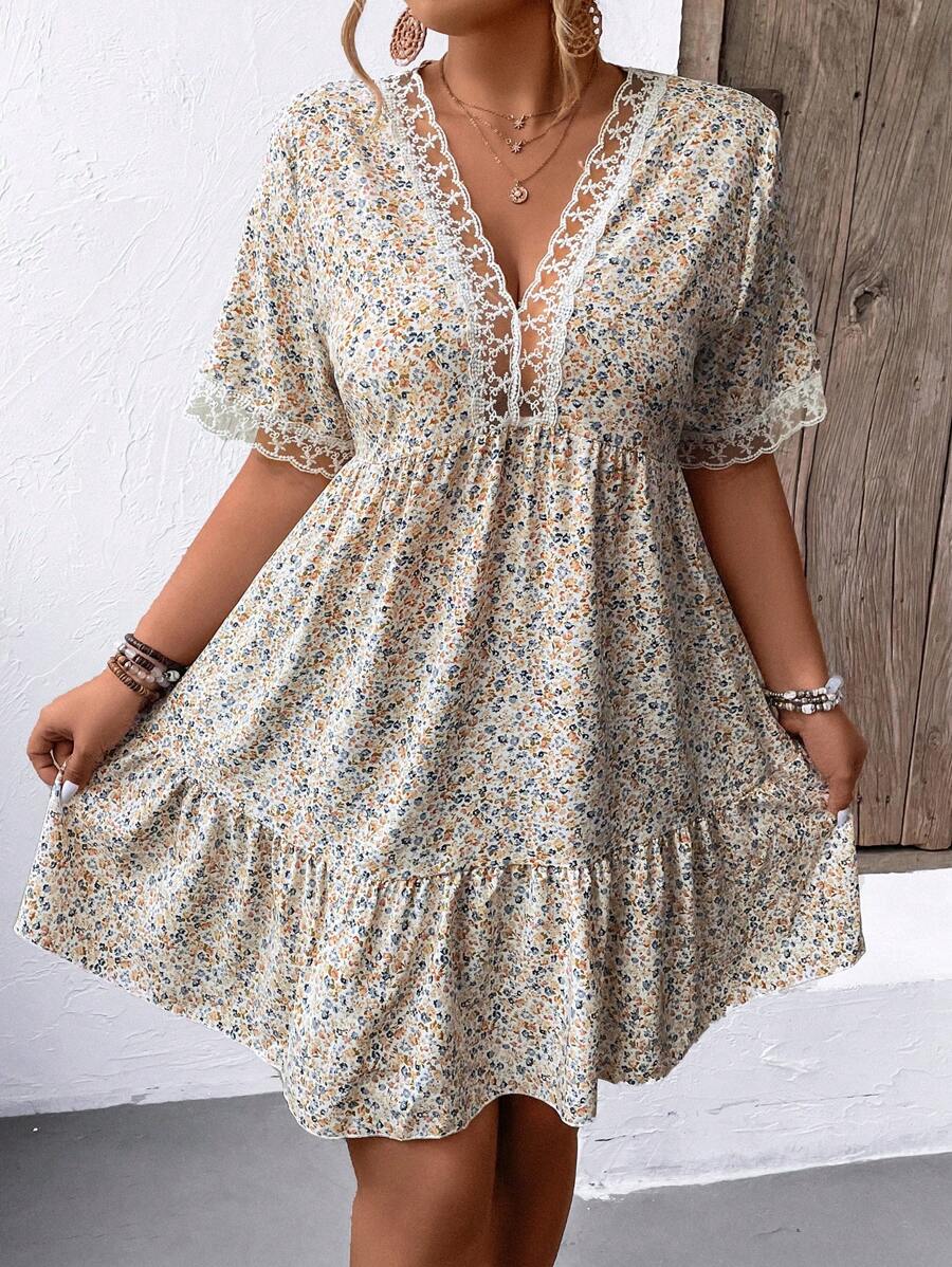 SHEIN LUNE Plus Size Women's Floral Print & Lace Patchwork Dress - Multicolor - View 1
