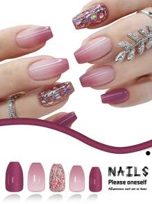 Obtenga el conjunto de  de 24 uñas postizas de forma de almendra mediana y larga, elegantes con efecto de degradado rosa y morado, con brillo y acabado brillante, adecuadas para fiestas, bailes y uso diario. Suministros de uñas de presión total. uñas falsas uña falsa uña acrílica