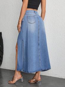 SHEIN Essnce Ladies Casual Loose High Waist Fitted Denim Skirt - Medium Wash - View 2