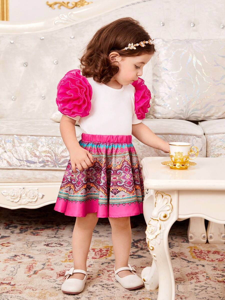 SHEIN Baby Girl Holiday Patchwork 3d Flower Short Sleeve Top And Skirt Set - White - View 1