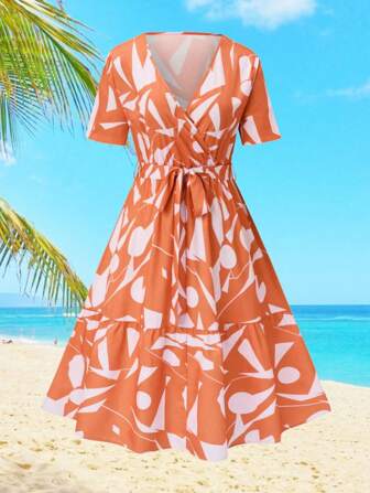 SHEIN CURVE+ Plus Storlek Slumpmässig Blommig Tryck Kort Ärm Klänningar