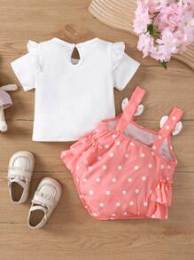 充滿波點印花的可愛兔子刺繡連體褲,搭配白色條紋上衣的嬰兒女孩2件套裝 - 彩色 - 查看 2