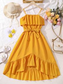 少女編織高低底裙細肩帶裙子 - 黃色 - 查看 1