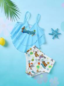 SCOOBY-DOO X SHEIN Tween Girl Cartoon & Letter Graphic Bikini Set - Blue - View 1
