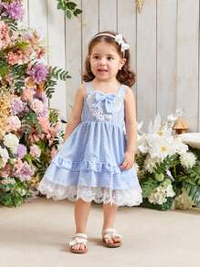 Baby Girl's Blue Checked Lace Trimmed Dress With Bowknot, Cute, Suitable For Daily Wear And Leisure In Spring And Summer