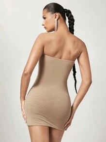 SHEIN BAE Women's Glamorous Rhinestone-Embellished Tight-Fitting Strapless Perspetive Bodycon Dress - Khaki - View 4