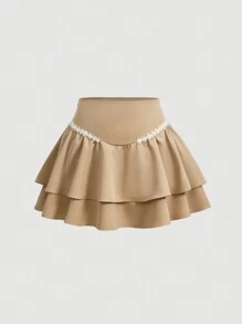 SHEIN MOD Plus Size Woven Tape Splice Ruffle Hem Skirt - Khaki - View 1