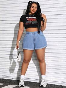 SHEIN EZwear Rozmiar Plus Damski Luźny krój Z mankietami Spodenki dżinsowe - Jasny jeans - Zobacz 3