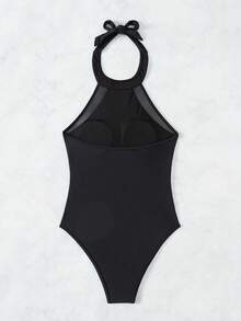 SHEIN Swim Mesh Splice Halter One-Piece Swimsuit - Black - View 8