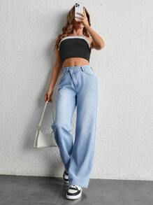 SHEIN Essnce 女士牛仔裤中腰浅蓝色直筒重叠腰宽松轻便时尚女式牛仔裤 2024 年 - 淺色水洗藍 - 查看 5