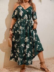 SHEIN Clasi 大尺碼鏤空肩裹腰帶連身裙 - 綠色 - 查看 6