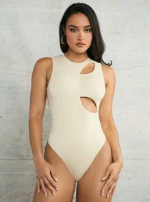 Silquee Body de una sola pieza sin mangas, apretado, elástico, sexy y calado, de color albaricoque