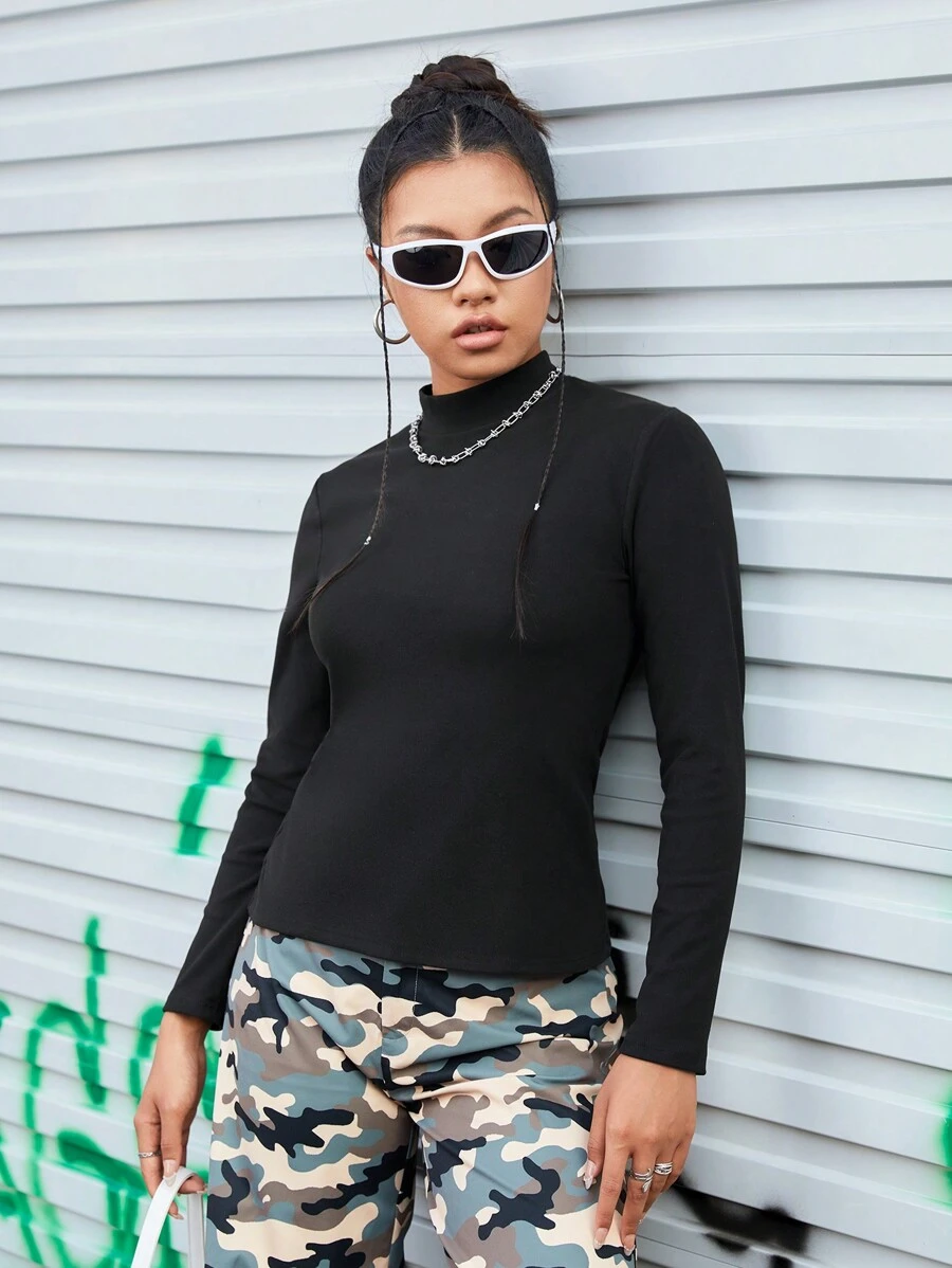 Streetz SHEIN Sport Solid Color Slim Fit Stand Collar Sports T-Shirt