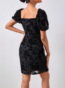 SHEIN Essnce Của phụ nữ Ngắn tay Xếp li Người yêu Đường viền cổ áo Đầm - màu đen - Xem 2