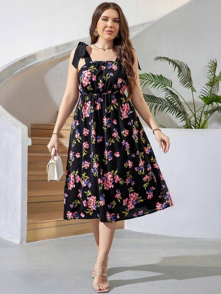 Plus Size Women's Floral Print Shoulder Tie Dress