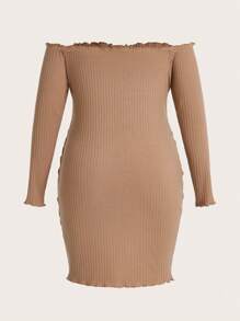 SHEIN Solid Color Off-Shoulder Long Sleeve Maternity Ribbed Dress - Khaki - View 2