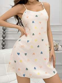 彩色心形印花 V 领细肩带睡衣连衣裙