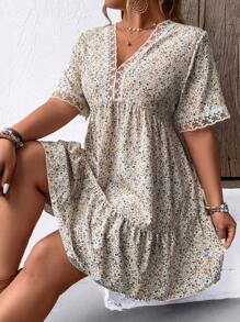 SHEIN LUNE Plus Size Women's Floral Print & Lace Patchwork Dress - Multicolor - View 3