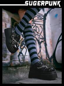 Sugerpunk Rock Phong cách Màu bạc Chuỗi Gothic Thời trang Dày Đế Giày dép - màu đen - Xem 4