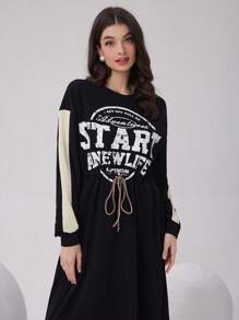 Mulvari 标语图案落肩抽绳腰部连衣裙 - 黑色 - 查看 4